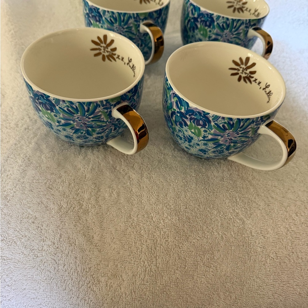 Lilly Pulitzer Blue Floral Porcelain Mug Set with Gold Accent Handles